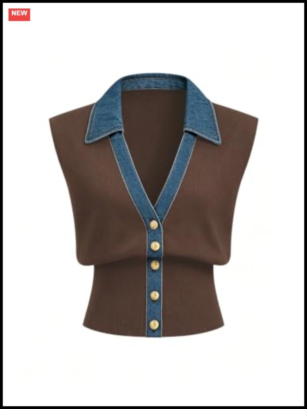 Sleeveless Knit Sweater Vest with Denim Trim and V-Neck